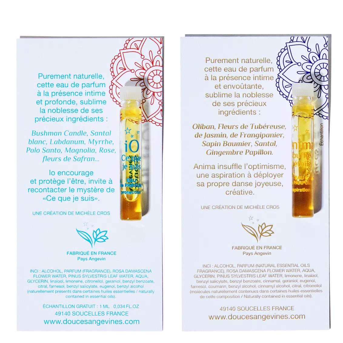 Doses d'essai parfum bio iO Ce que je suis et Anima Souffle d'étoile