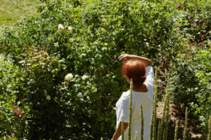 Michelle Cros, fondatrice des Douces Angevines dans le jardin de beauté